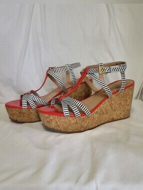 kate spade Red Toe Wedge Sandals with Black and White Striped Straps Sz 7